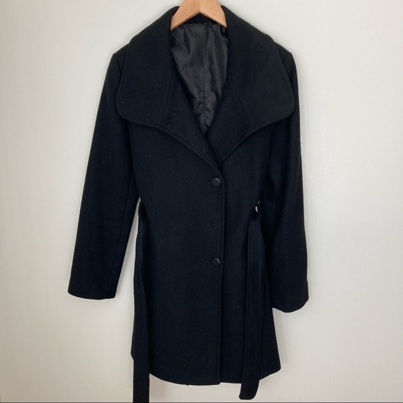 Black Wool Winter Belt Tie Coat - Picture 2 of 7
